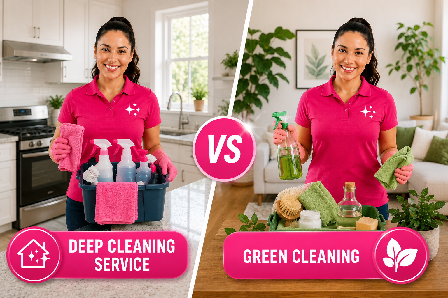 Comparison of Deep Cleaning Service and Green Cleaning by Sparkly Maid showing professional residential cleaning and eco friendly cleaning methods.