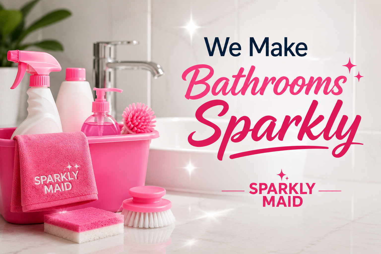 Bathroom cleaning supplies and Sparkly Maid branding displayed beside a spotless bathroom sink, highlighting sparkling bathroom cleaning services.