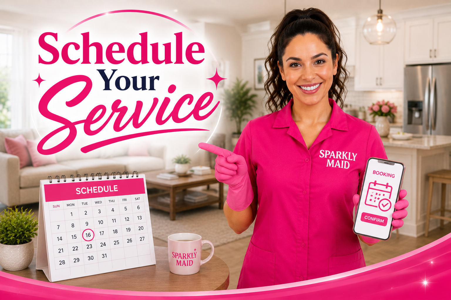 Sparkly Maid cleaning lady showing a service scheduling calendar and online booking option for convenient cleaning appointments.