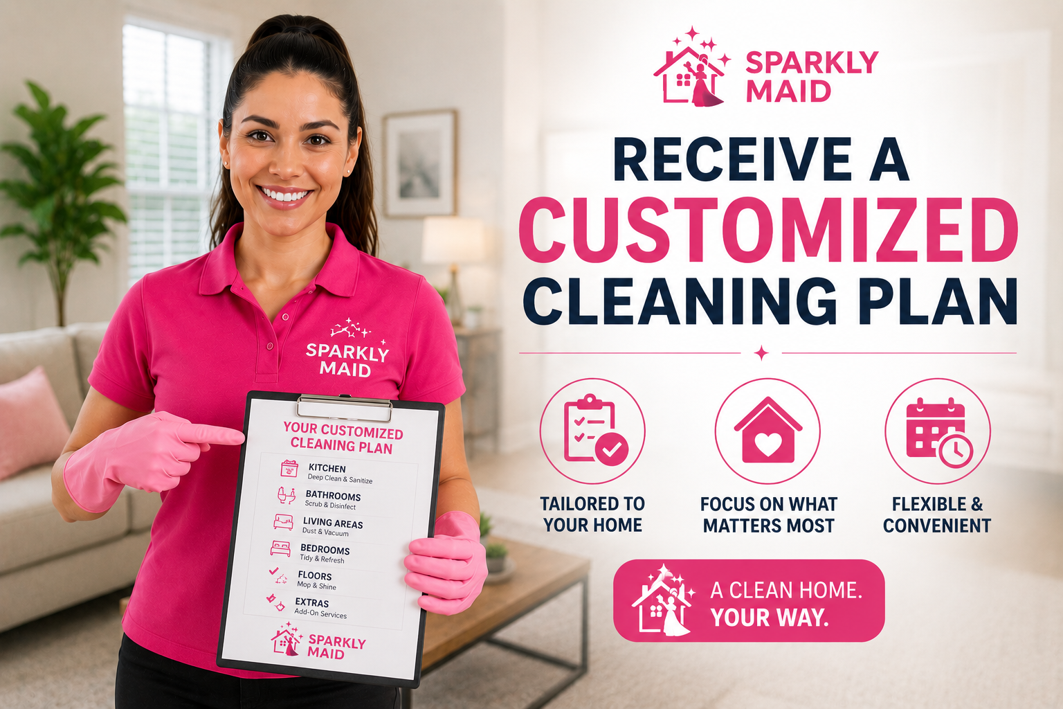 Professional Sparkly Maid cleaner presenting a customized housekeeping plan tailored to a home’s needs.