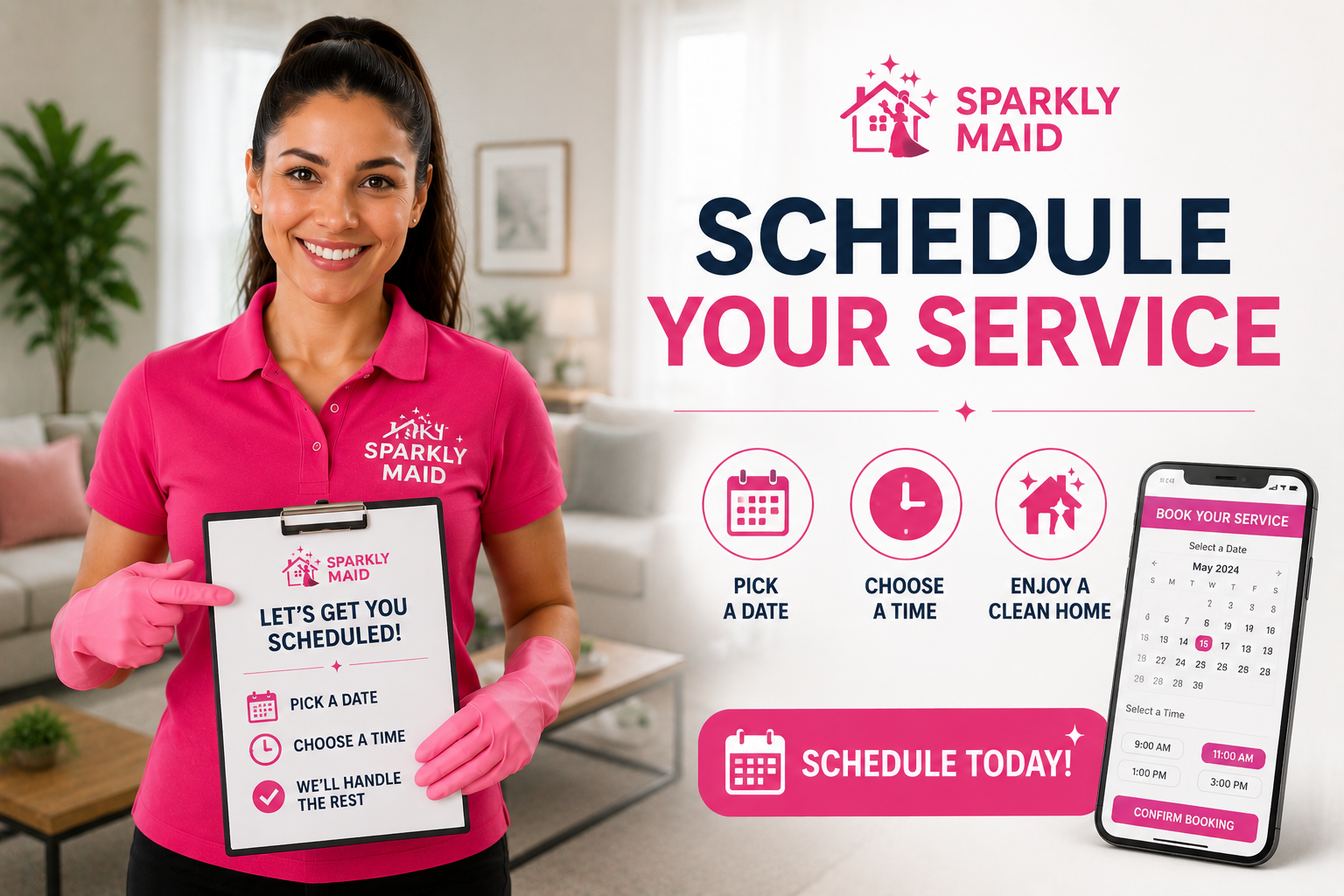 Sparkly Maid housekeeping professional helping schedule a convenient residential cleaning appointment.