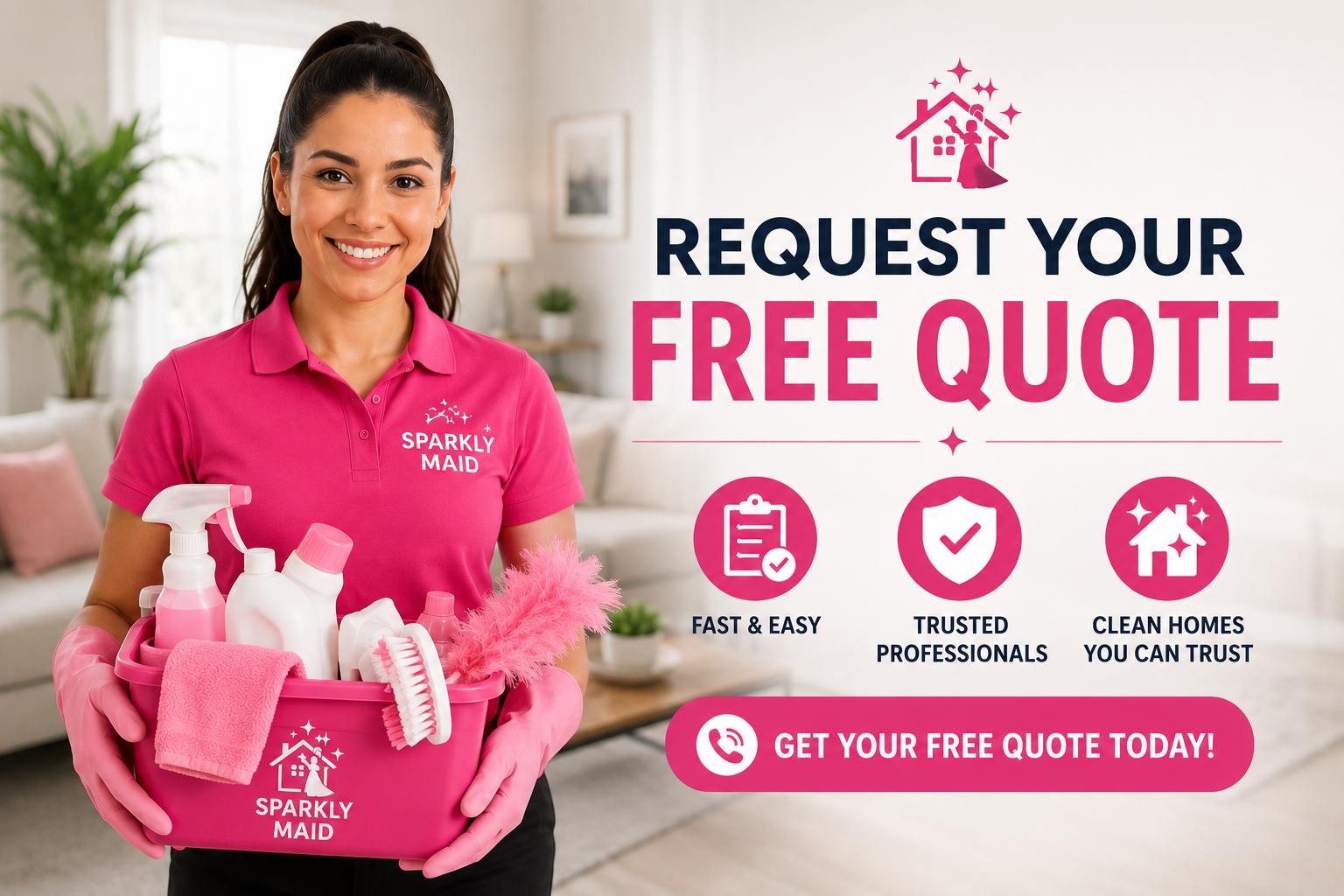 Sparkly Maid cleaner holding cleaning supplies while inviting homeowners to request a free housekeeping quote.