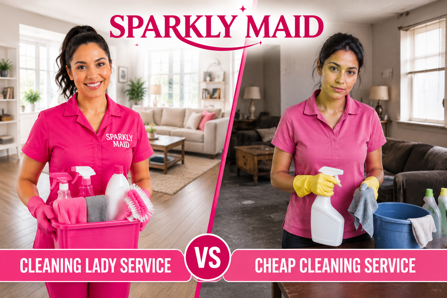 Comparison image of Cleaning Lady Service and Cheap Cleaning Service by Sparkly Maid, highlighting professional residential cleaning and reliable home maintenance services.