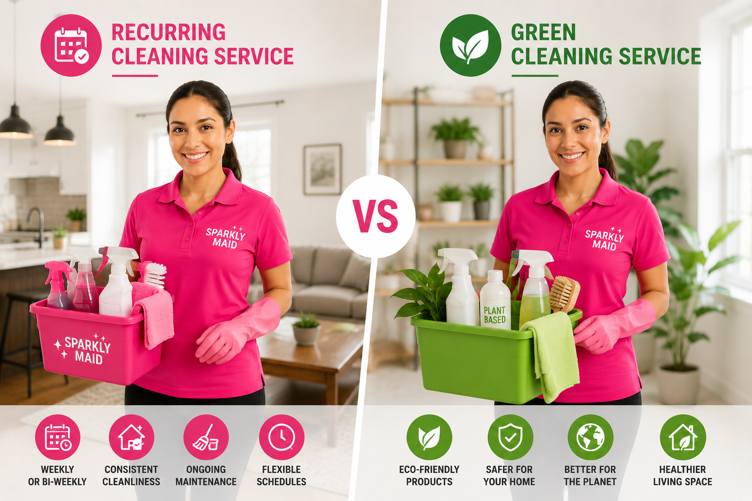 Professional Sparkly Maid cleaner comparing recurring cleaning service and green cleaning service for residential cleaning and sustainable home maintenance.