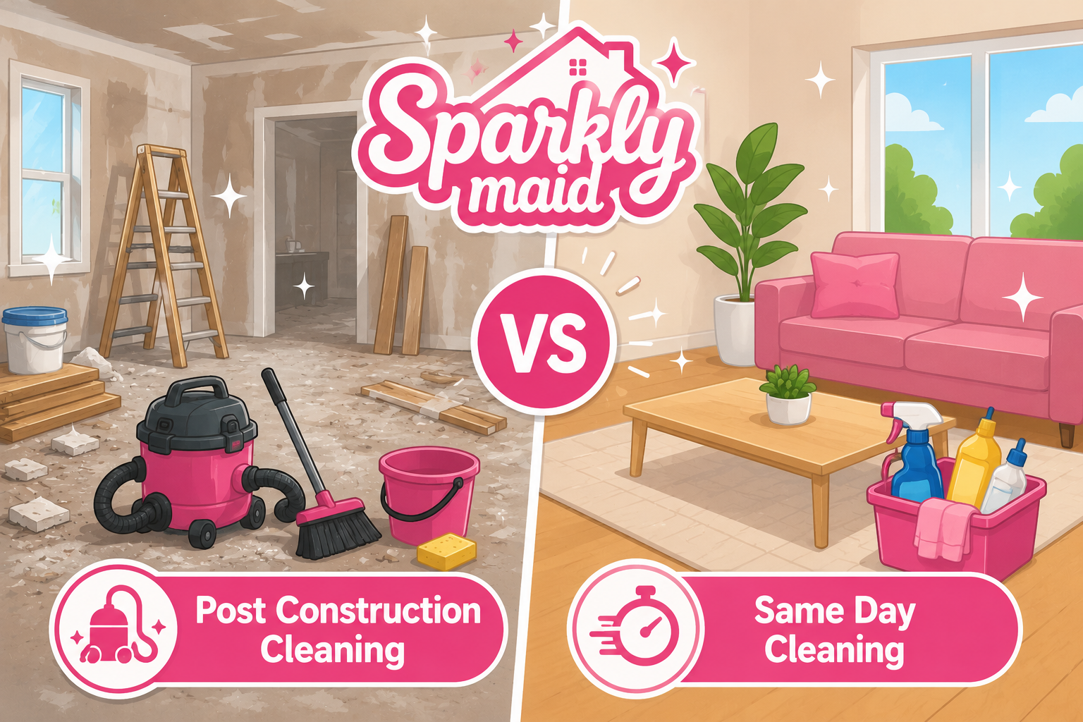 Comparison graphic of Post Construction Cleaning vs Same Day Cleaning by Sparkly Maid, featuring post-renovation cleanup and fast turnaround residential cleaning services.