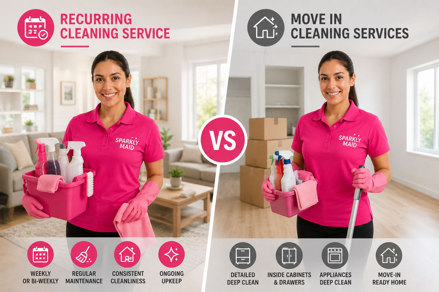 Professional cleaning comparison between recurring cleaning service and move in cleaning services by Sparkly Maid for Chicago residential properties.