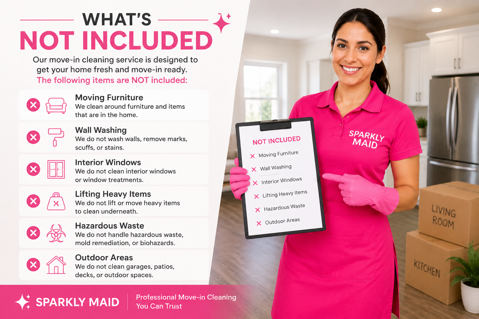 Professional Sparkly Maid cleaner explaining what is not included in a Chicago move-in cleaning service.