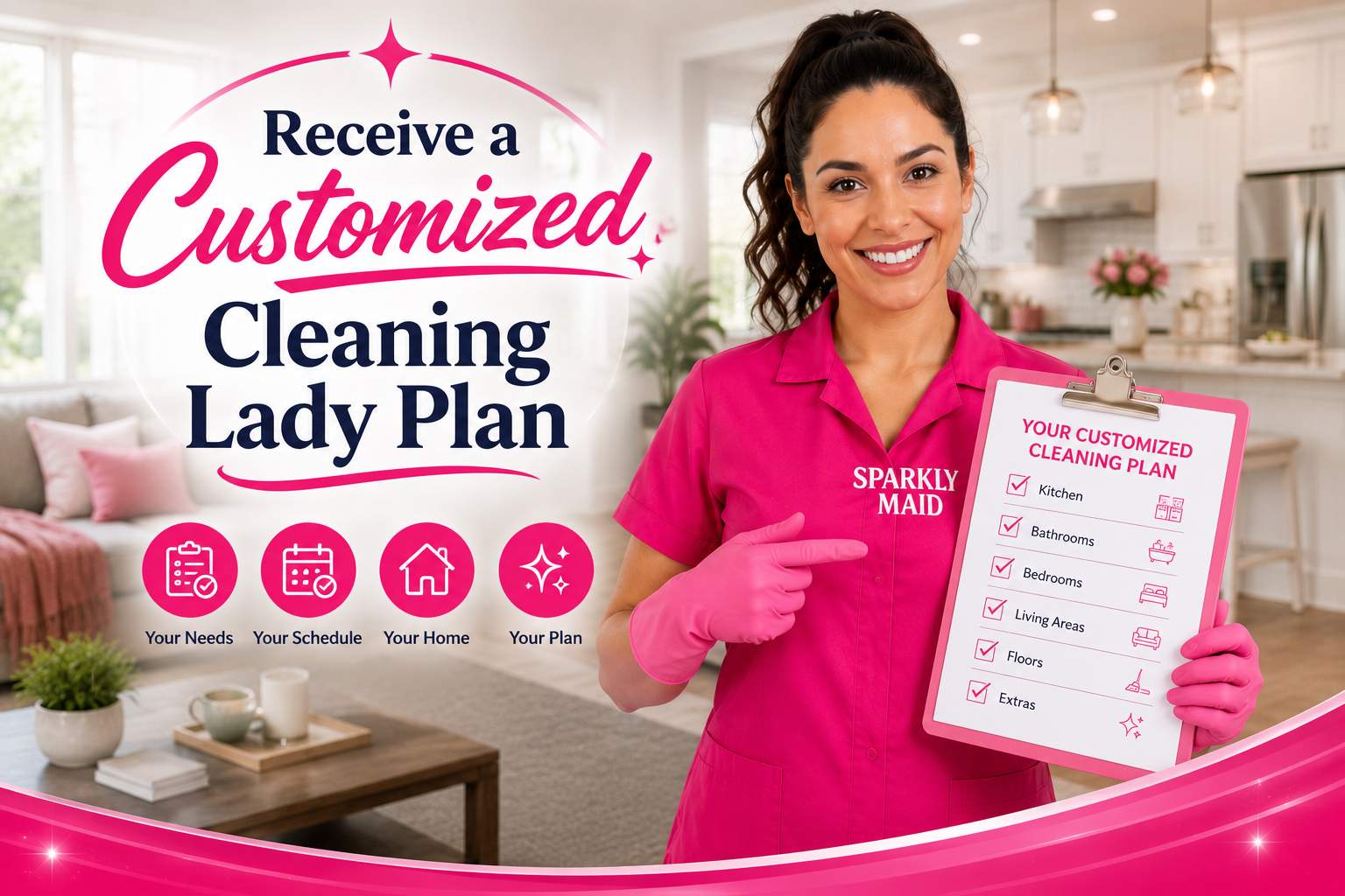 Professional Sparkly Maid cleaning lady presenting a customized cleaning lady plan tailored to a homeowner’s cleaning needs and schedule.