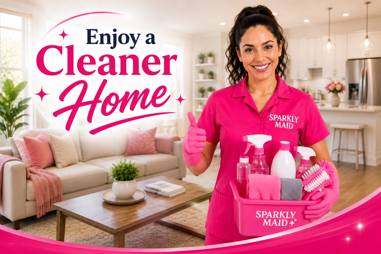 Happy Sparkly Maid cleaning lady standing in a spotless home, helping homeowners enjoy a cleaner, fresher, and more comfortable living space.