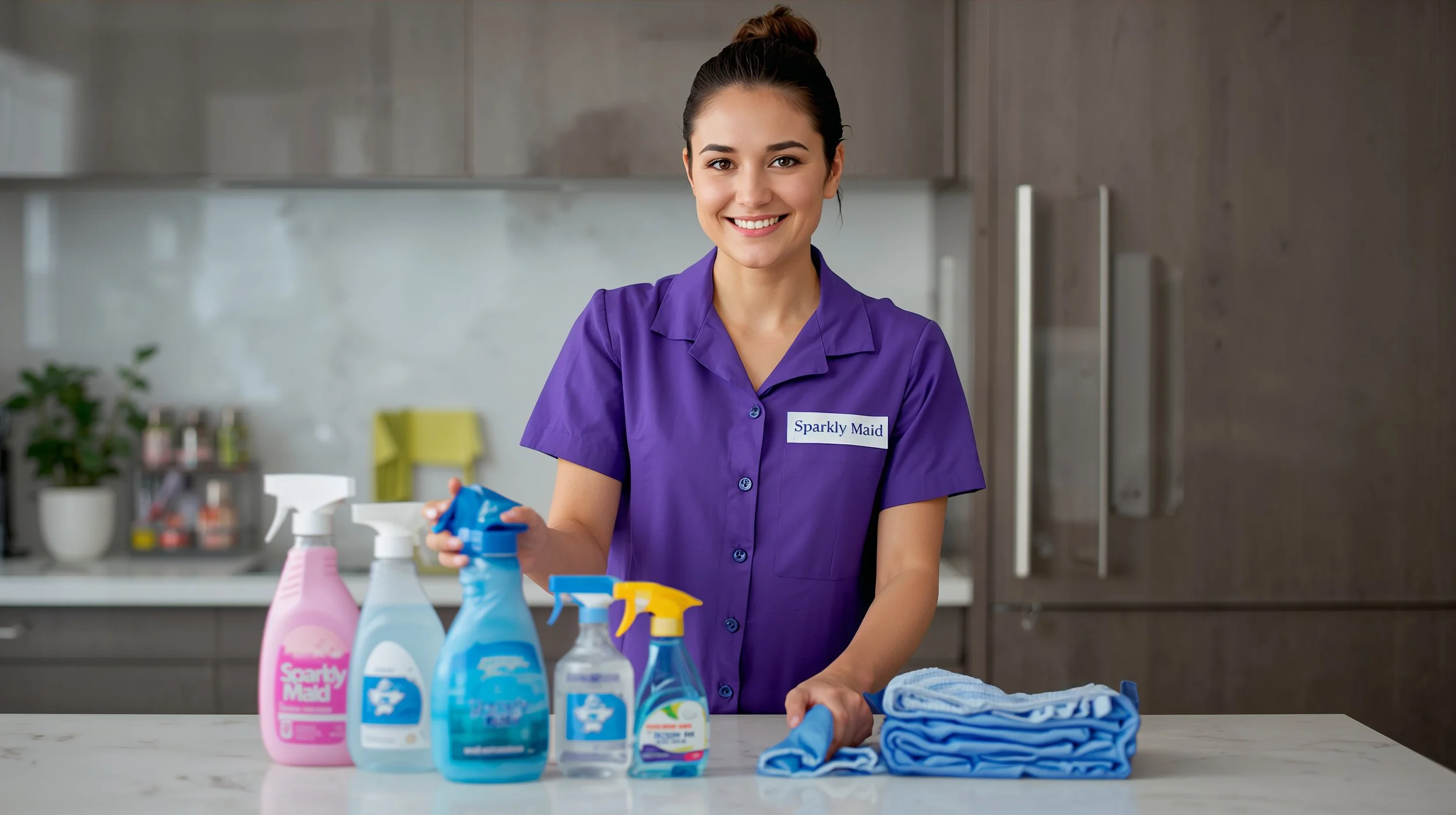 Sparkly Maid cleaner preparing professional cleaning supplies for a same day cleaning service