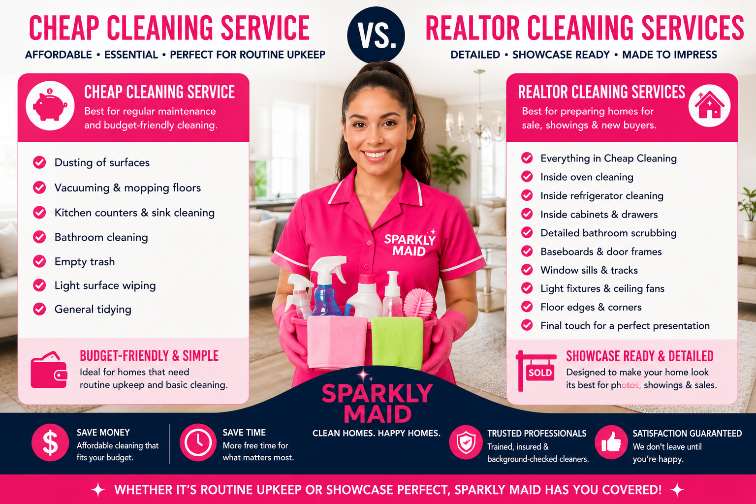 Comparison between Cheap Cleaning Service and Realtor Cleaning Services by Sparkly Maid, showing budget-friendly home cleaning versus detailed property cleaning designed for home sales and showings.