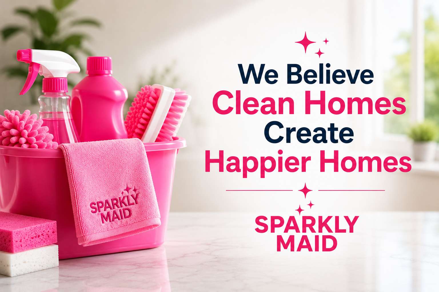 Sparkly Maid cleaning supplies displayed in a bright, clean home setting, promoting the belief that cleaner homes lead to happier and more comfortable living spaces.