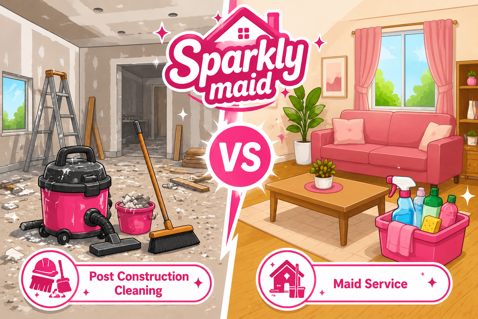 Comparing Post Construction Cleaning vs Maid Service by Sparkly Maid, highlighting renovation dust removal alongside regular residential cleaning services.