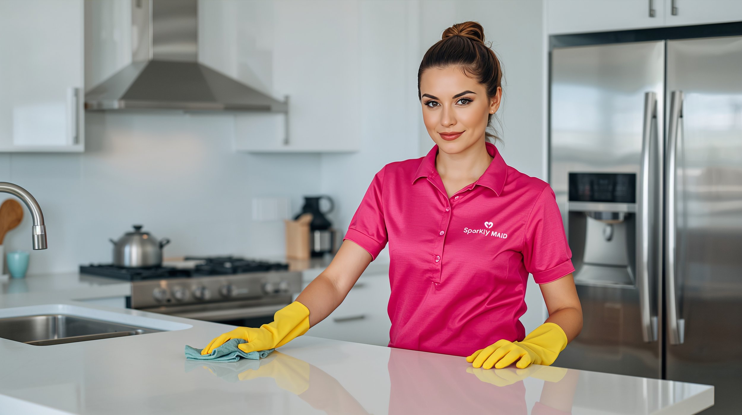 Maid cleaning kitchen countertops during residential cleaning service