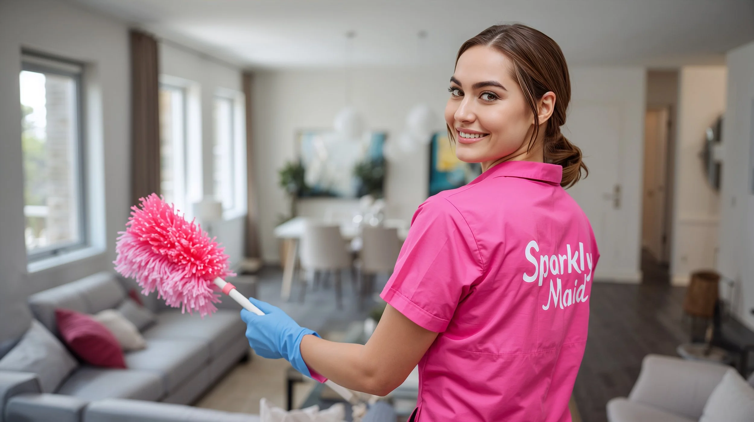 Sparkly Maid cleaner performing recurring dusting and home cleaning service