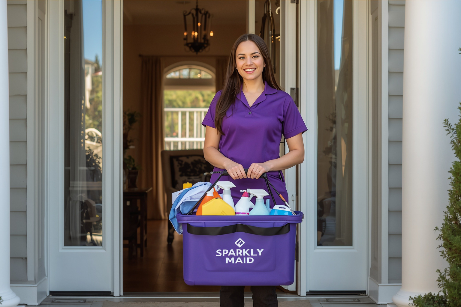 Sprkly Maid cleaner bringing cleaning materials with her