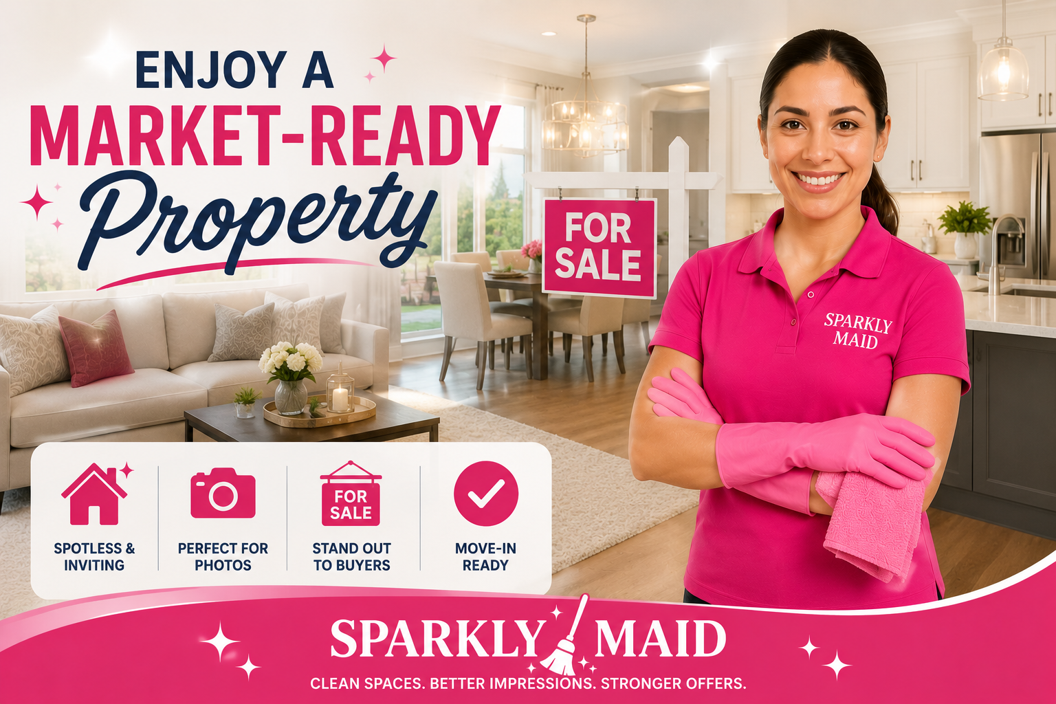 Sparkly Maid Realtor Cleaning specialist standing in a spotless market-ready home prepared for listing photos, open houses, and buyer visits.