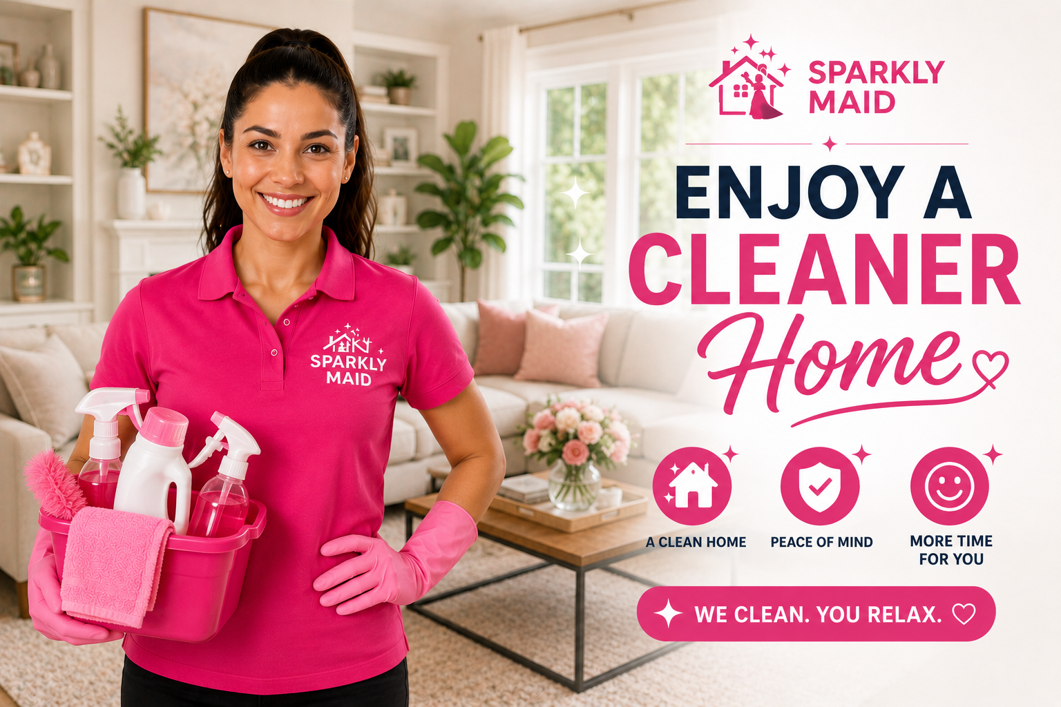 Happy Sparkly Maid cleaner standing in a spotless home after completing professional housekeeping services.