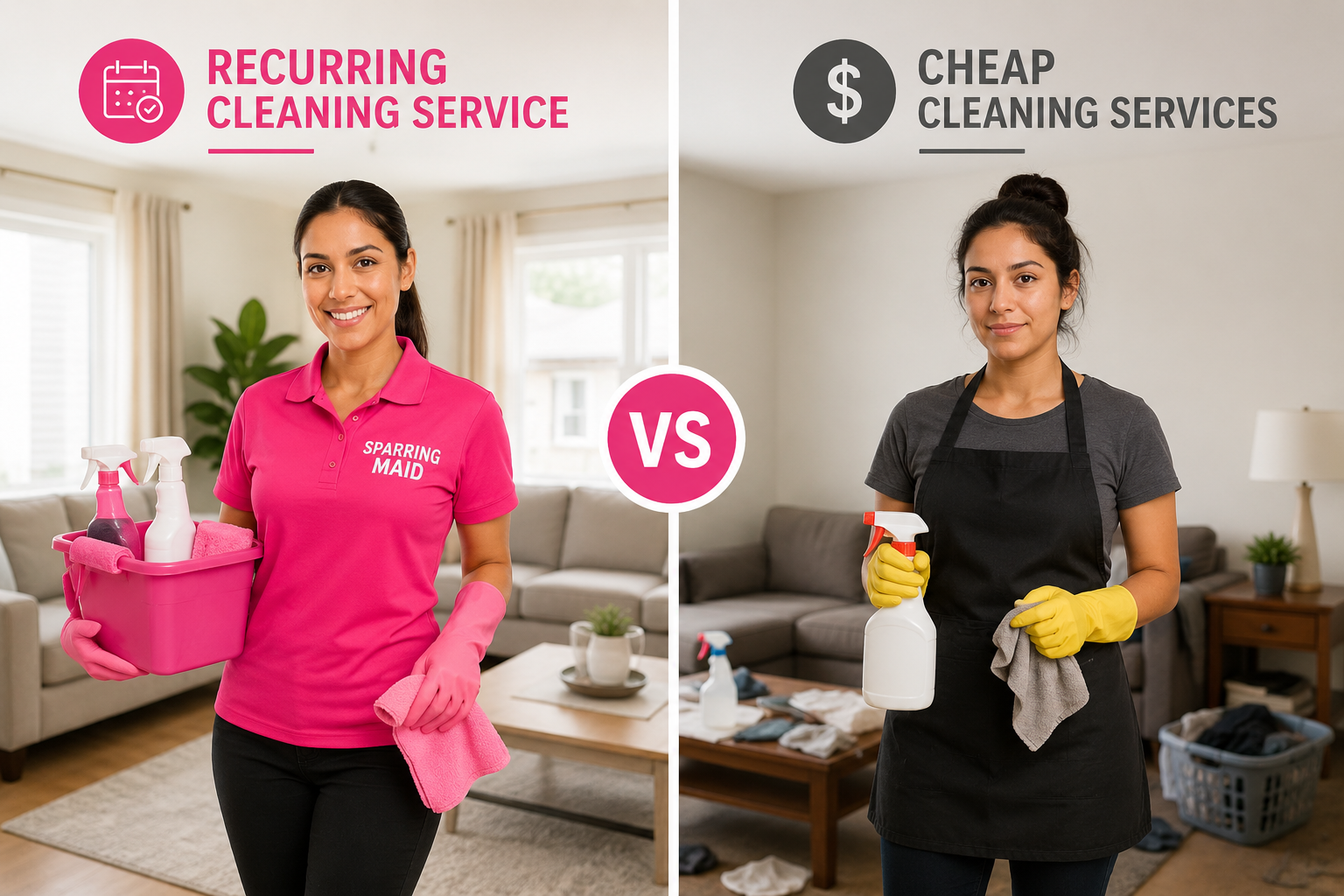Sparkly Maid comparison of recurring cleaning service and cheap cleaning services highlighting ongoing home maintenance and professional residential cleaning solutions.
