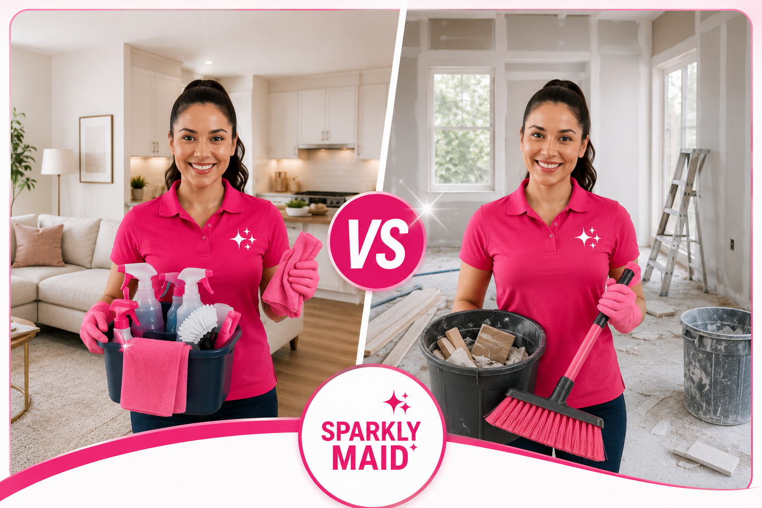 Comparison of Deep Cleaning Service and Cleaning Lady service by Sparkly Maid showing a professional cleaner in a residential home setting.