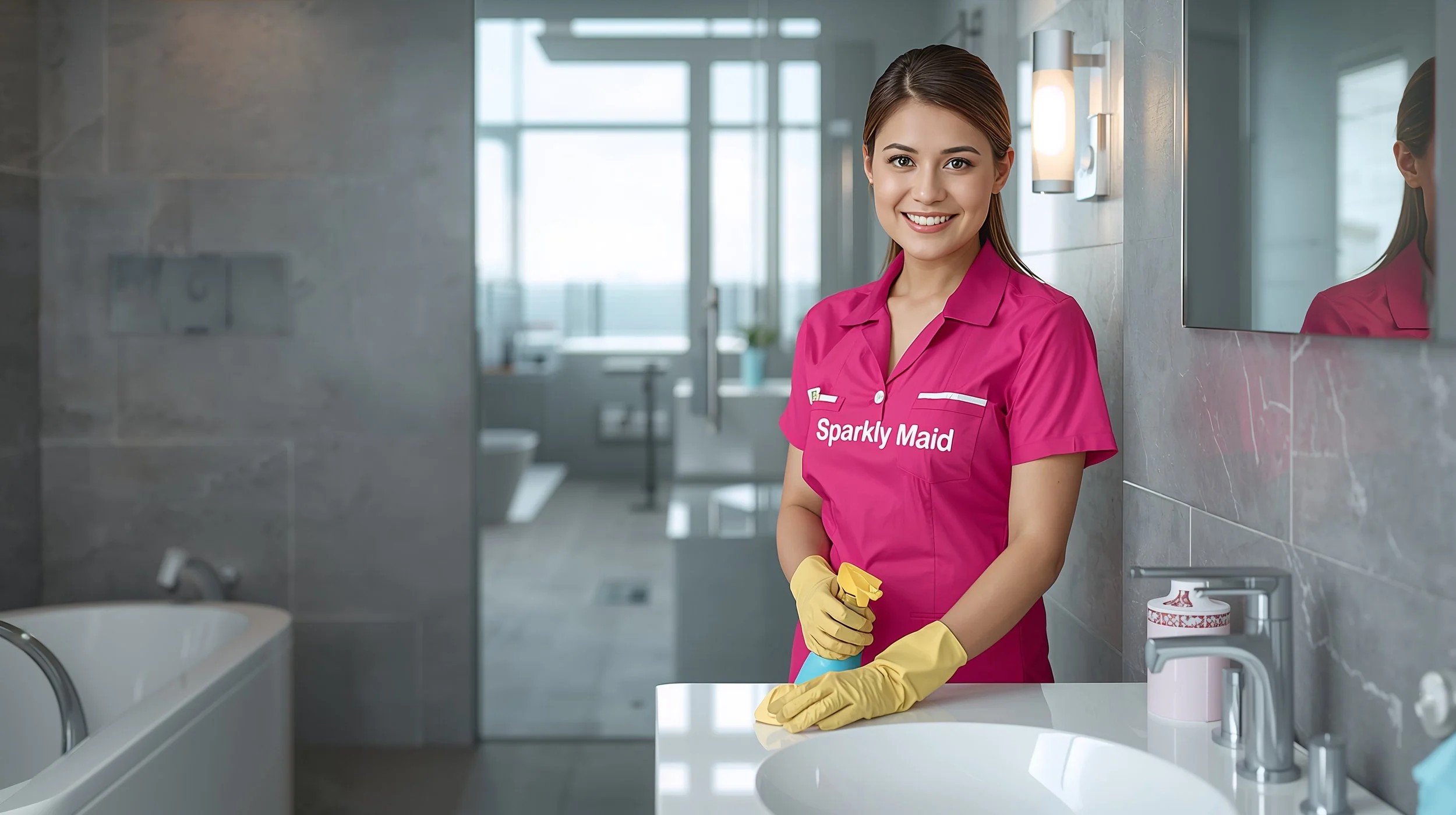 Sparkly Maid cleaner cleaning a bathroom sink while facing the camera