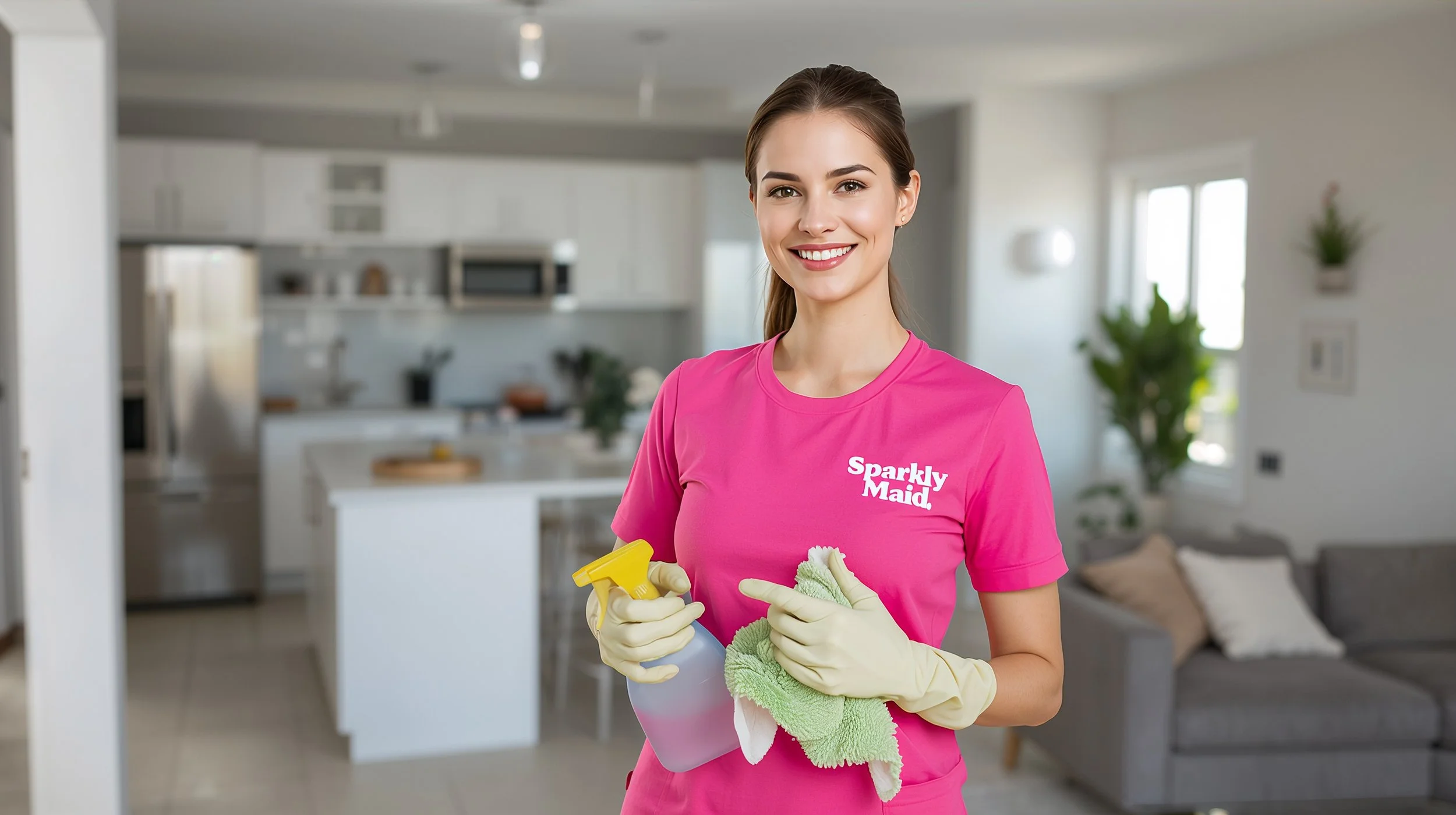 Maid dusting furniture in a clean residential home