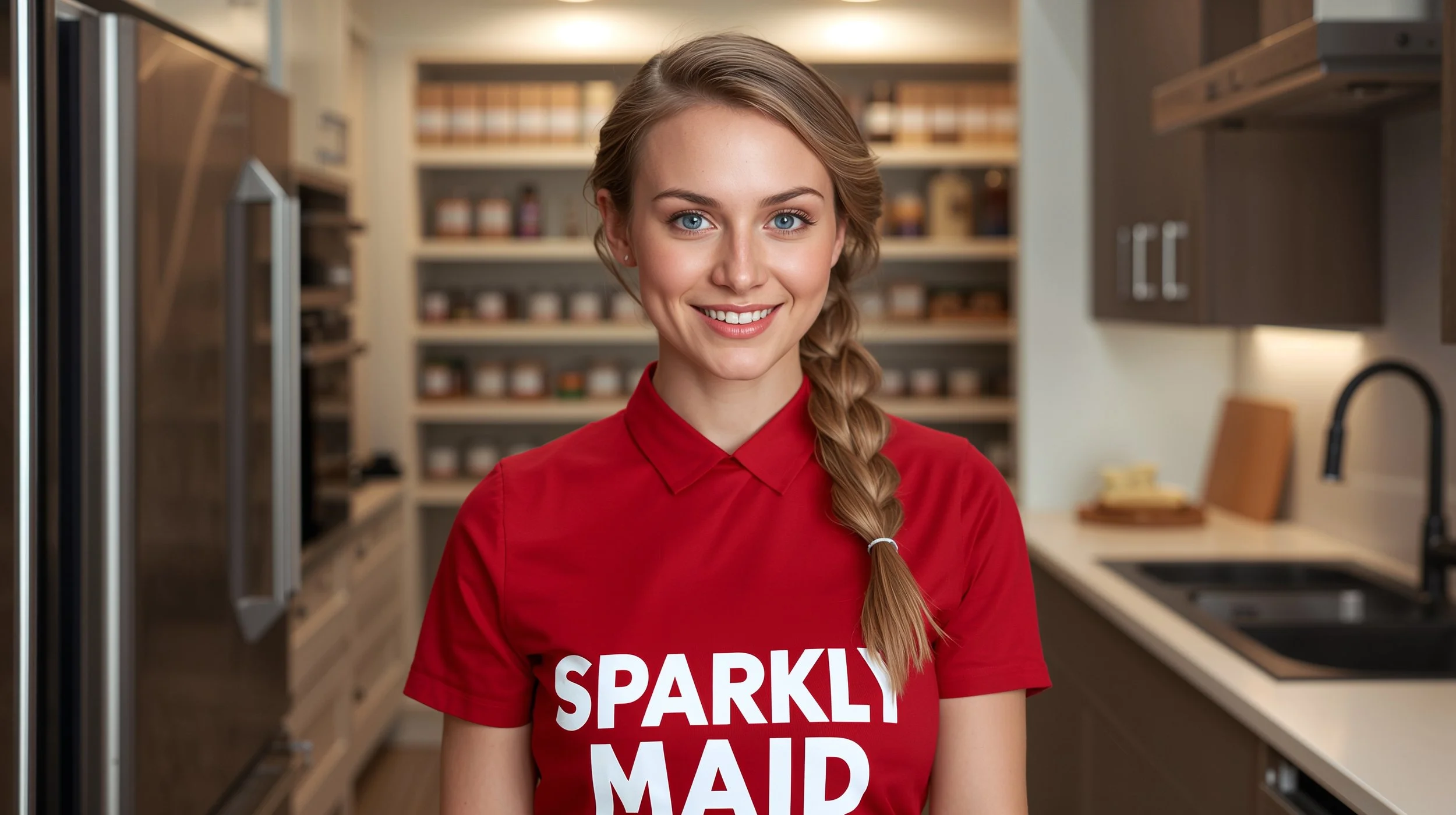 Latvian Sparkly Maid smiling while organizing perfectly tidy walk-in pantry in Bucktown home