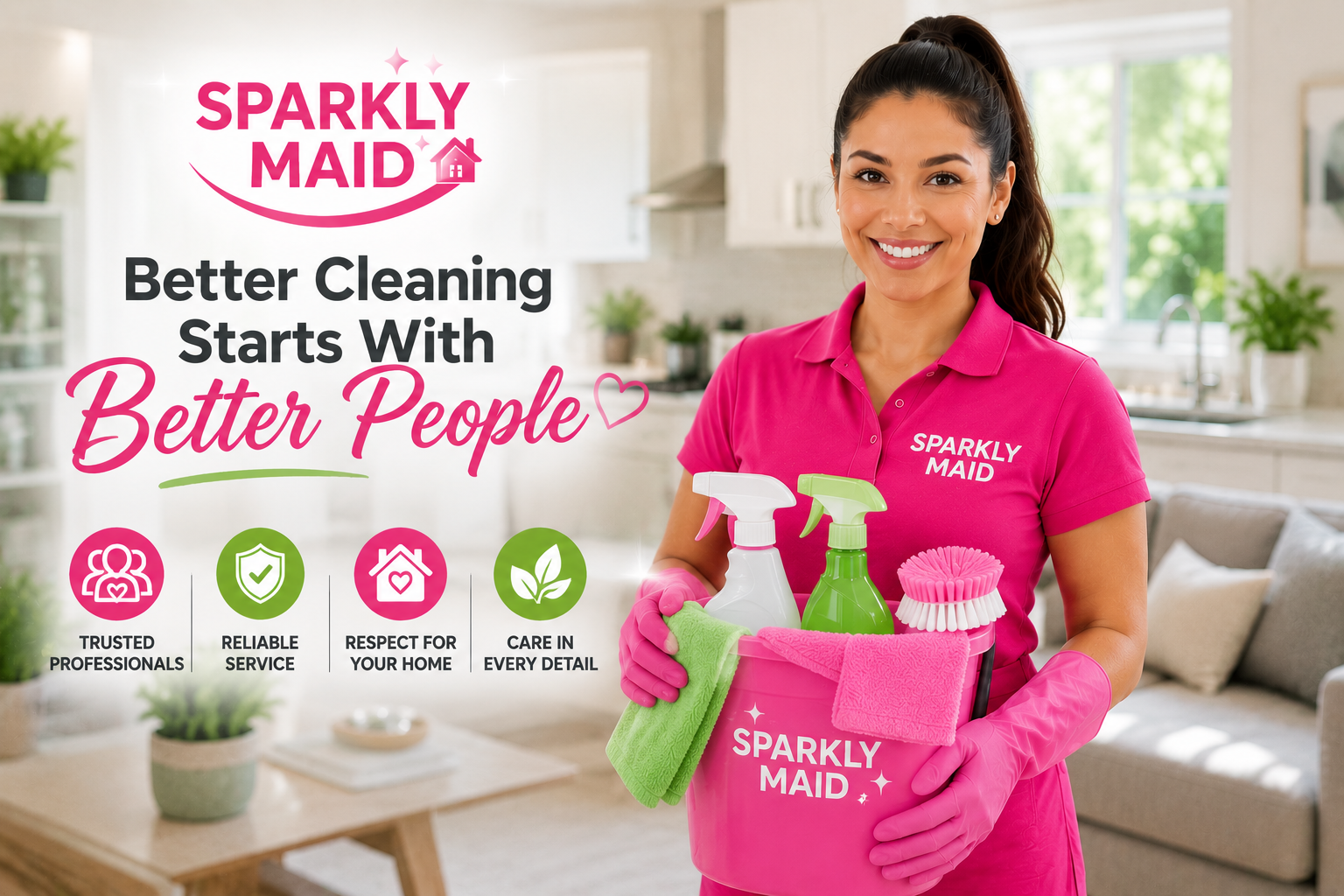 Friendly Sparkly Maid cleaning professional holding cleaning supplies in a bright home, showcasing the dedicated people behind exceptional residential cleaning services.