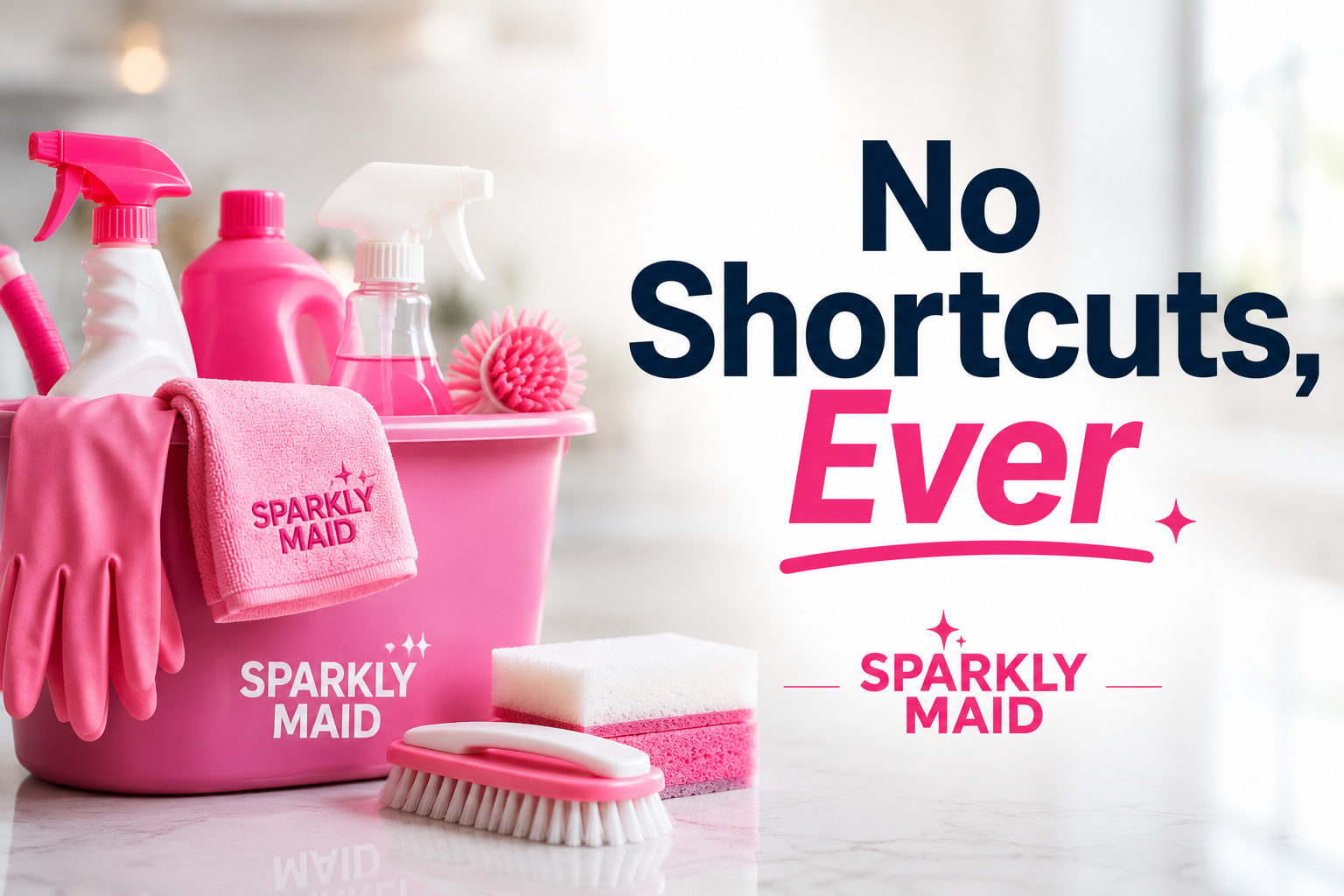 Professional cleaning supplies arranged neatly beside Sparkly Maid branding, representing a commitment to thorough cleaning with no shortcuts and consistent attention to detail.