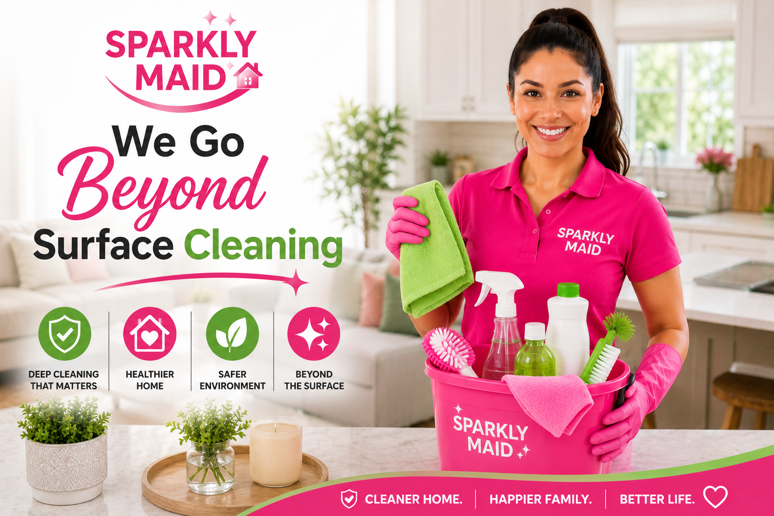 Sparkly Maid cleaner performing detailed home cleaning with a focus on deep cleaning, dust removal, kitchen cleaning, bathroom cleaning, and thorough attention to every corner of the home.