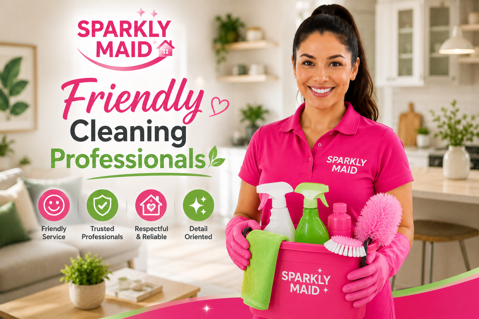 Sparkly Maid cleaning professional smiling and facing the camera in a clean home environment, highlighting courteous, respectful, and dependable customer service.