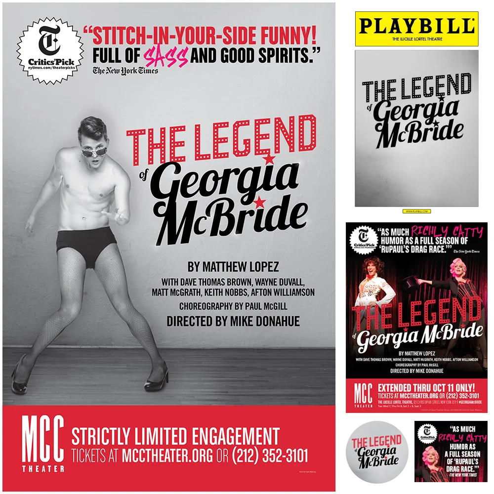 Above clockwise: Playbill, print advertisement, digital advertisement, button, and front of house poster.