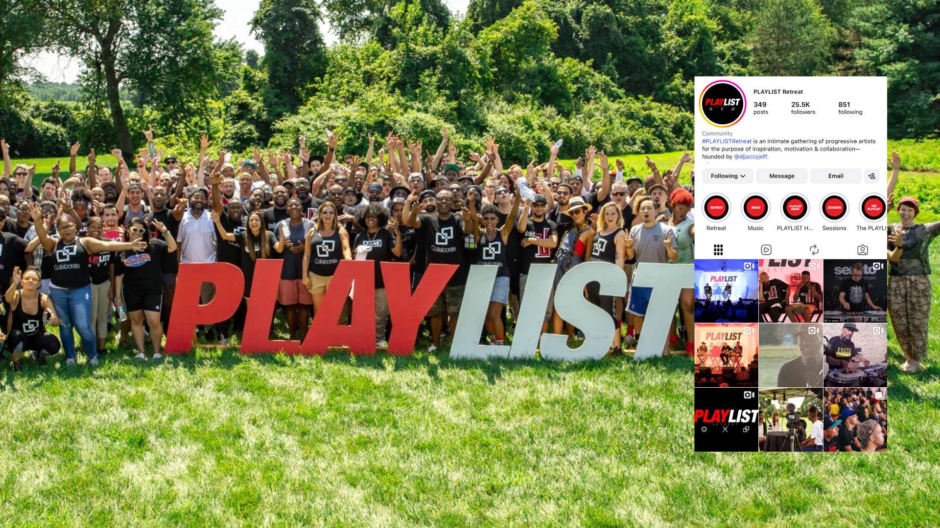 A large group of people outdoors on a sunny day, holding a giant red and white sign that spells 'PLAYLIST', with trees and greenery in the background. An image of PLAYLIST's Instagram profile is on the right.