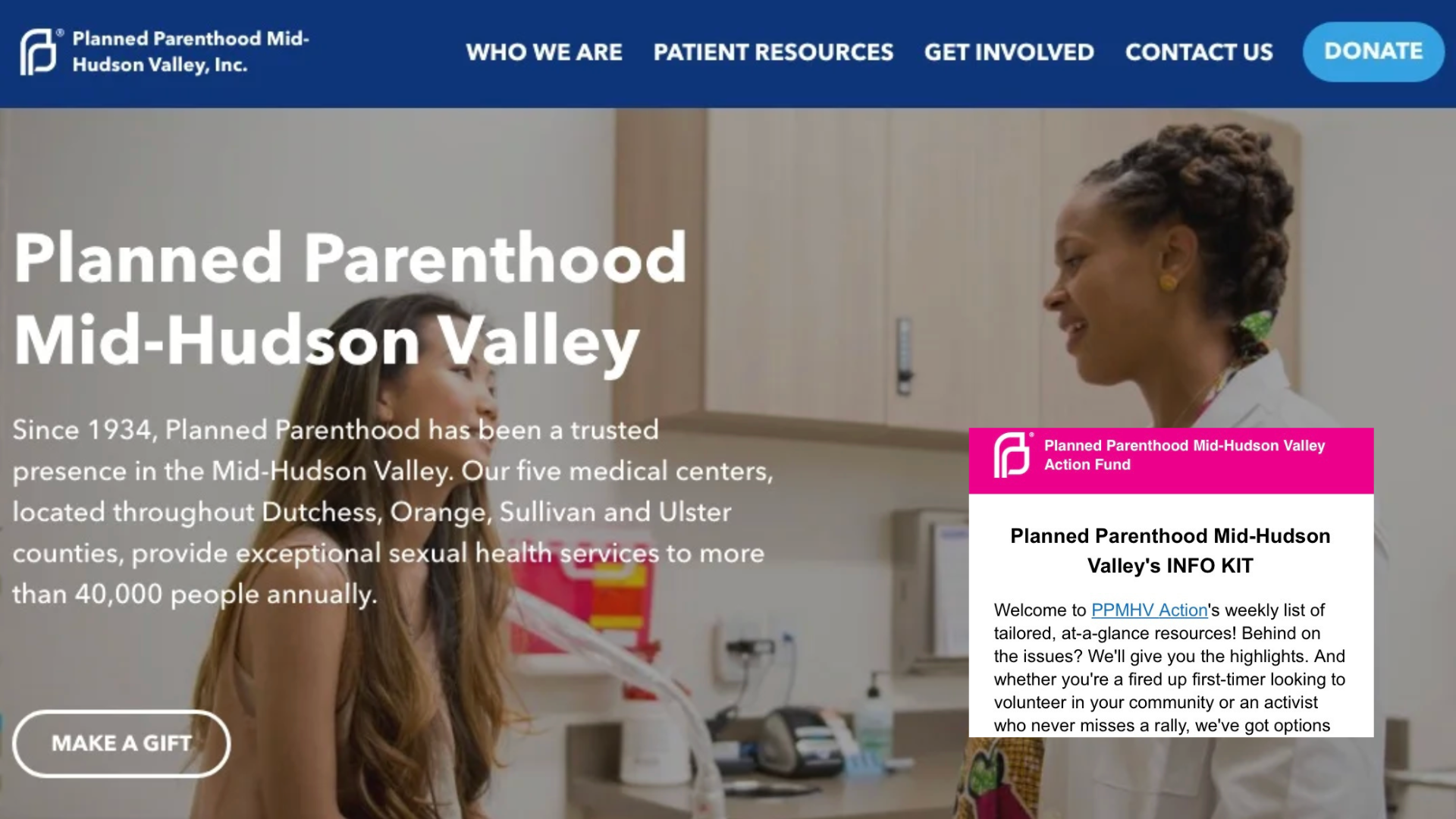 Planned Parenthood Mid-Hudson Valley's website landing page with a background image featuring a patient and pregnant practitioner in a healthcare setting. A screenshot of the affiliate's "INFO KIT" e-newsletter on the bottom right.
