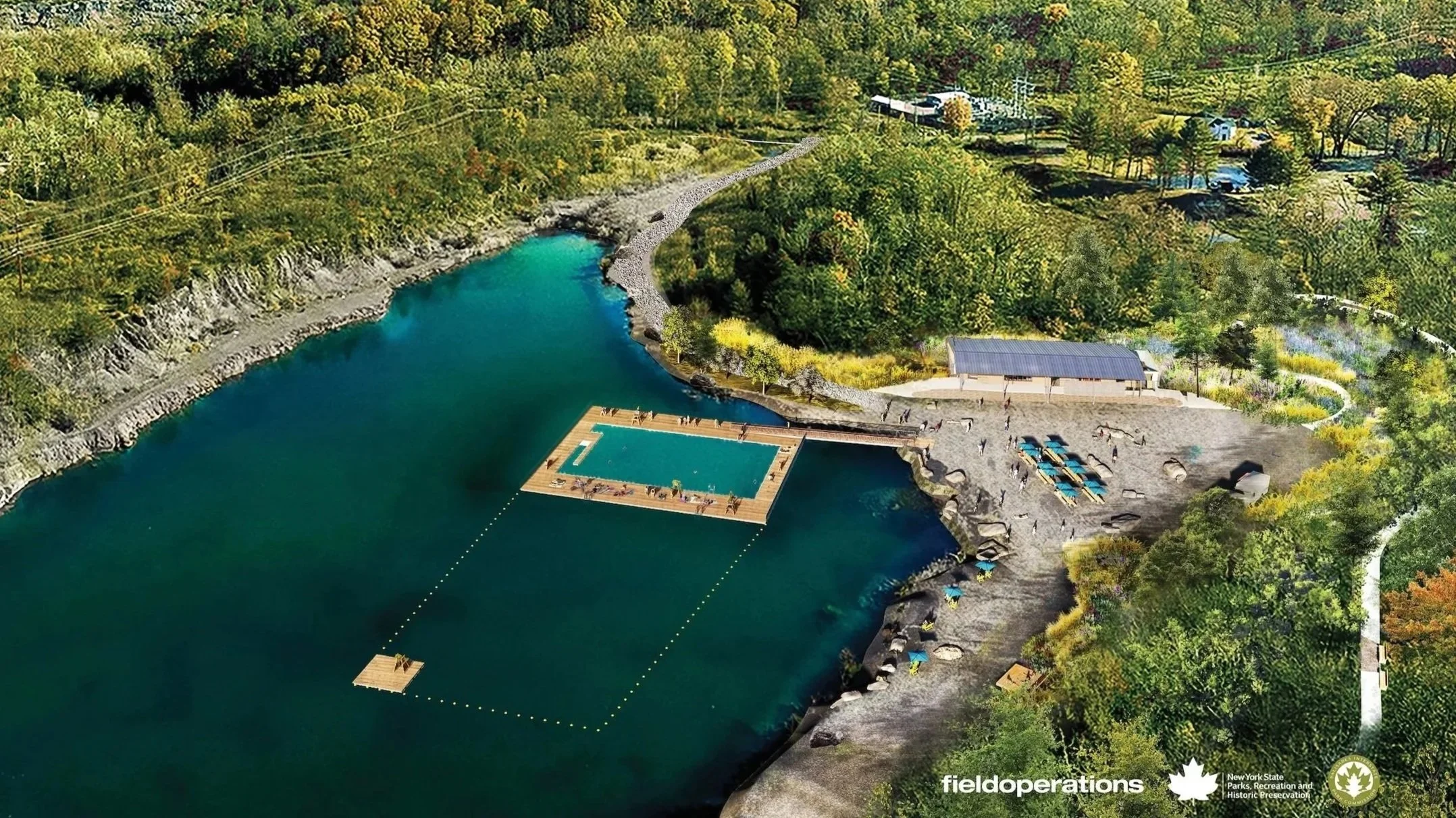 Rendering of an aerial view of a Sojourner Truth State Park in Kingston, including a swimming area on a lake, surrounded by lush green trees, a beach, solar panels, and a pathway.