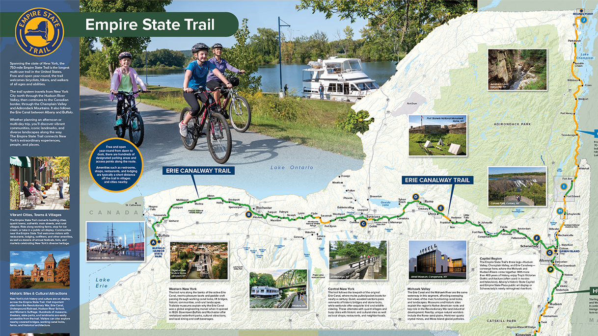 Map and information of Empire State Trail and Erie Canalway Trail in New York, with a photo of three people biking along the trail near a boat, and smaller photos of canal and city attractions.