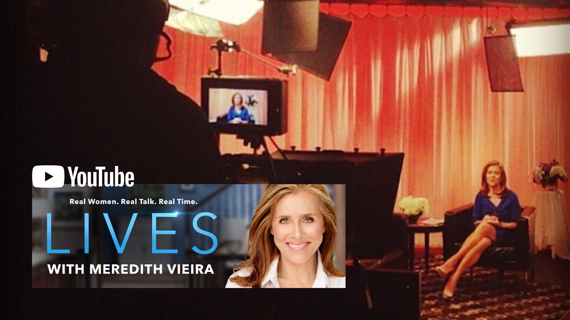 The background scene shows a camera operator filming Meredith Vieira, with orange curtains in the background. An overlay promoting a YouTube channel titled "LIVES with Meredith Vieira" is in the foreground with a photo of her smiling in a white top.