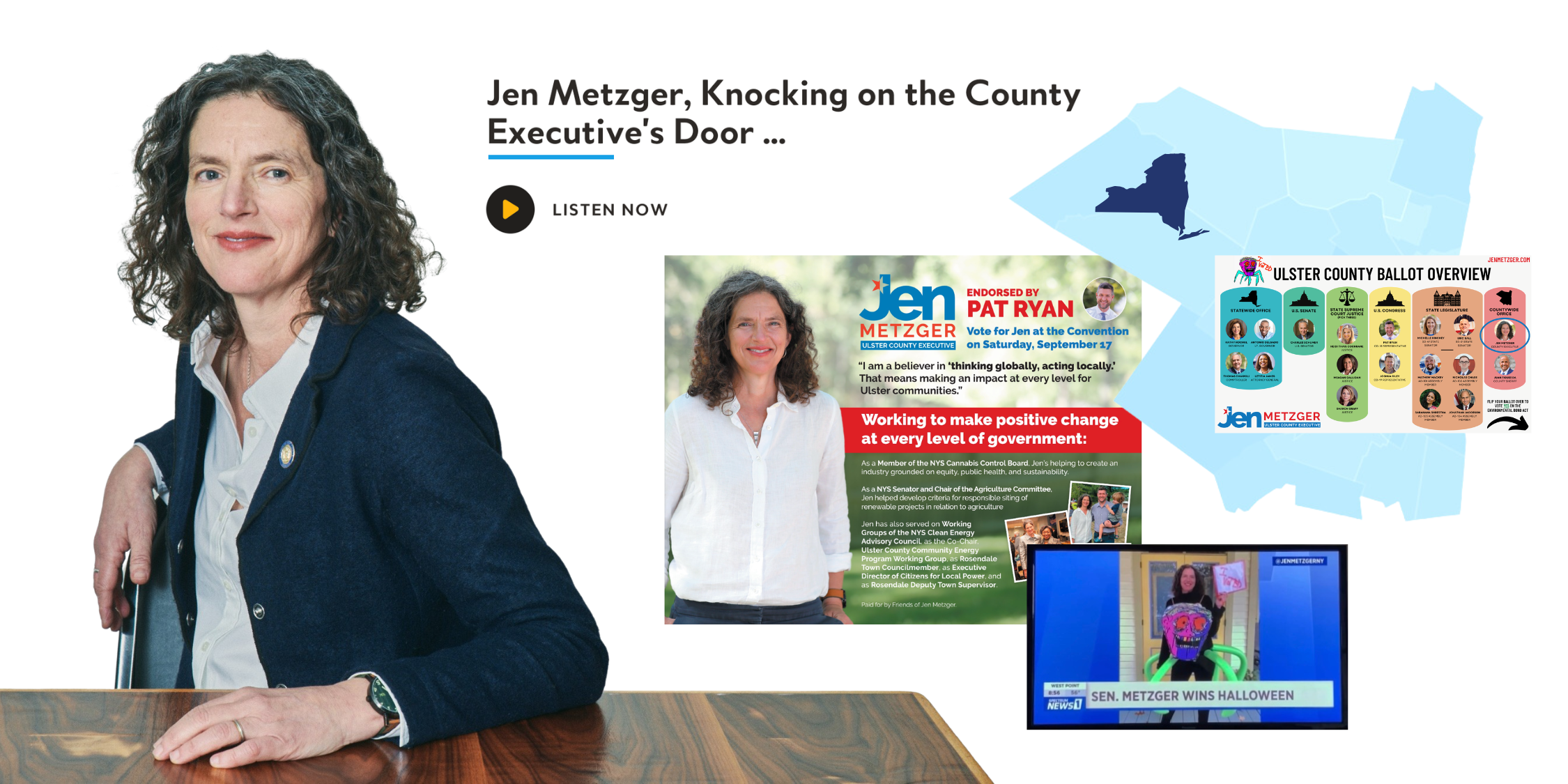 A woman with curly dark hair sitting at a wooden table, wearing a navy blazer and white shirt, with political pins. Behind her is a collage of political campaign materials, including a flyer, a brochure, a map outline, and a TV news segment, all referencing Jen Metzger and her election campaign.