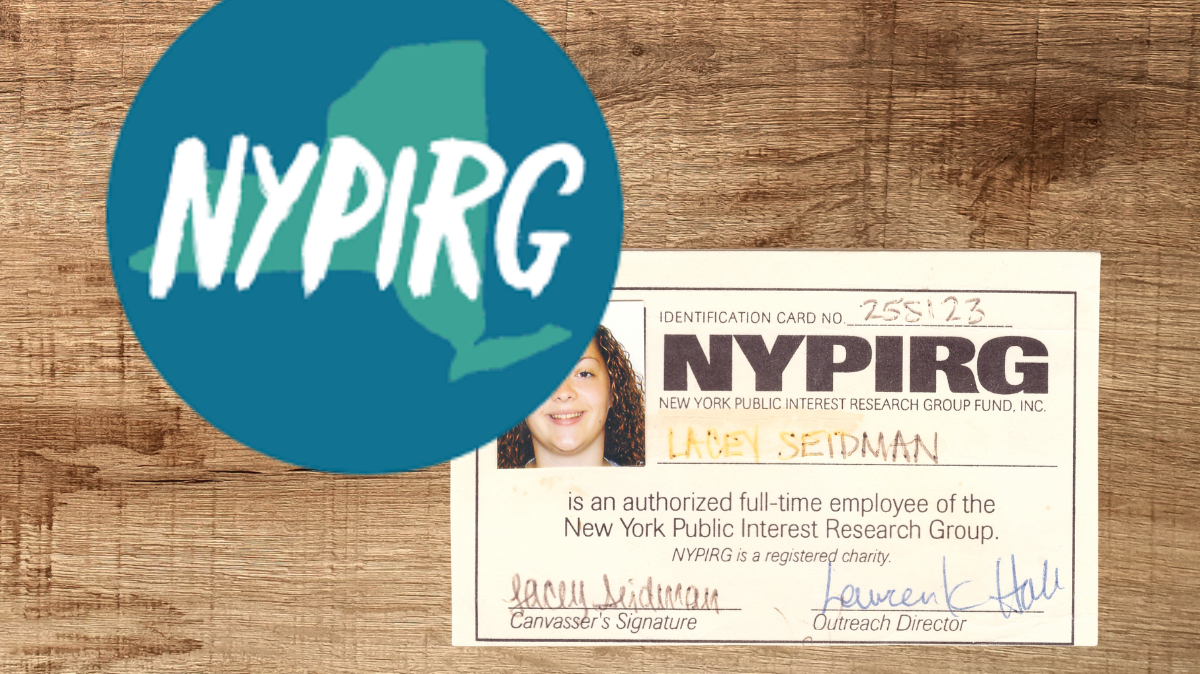 NYPIRG logo overlapping an identification card for Lacey Seidman, an employee of NYPIRG, on a wooden surface.