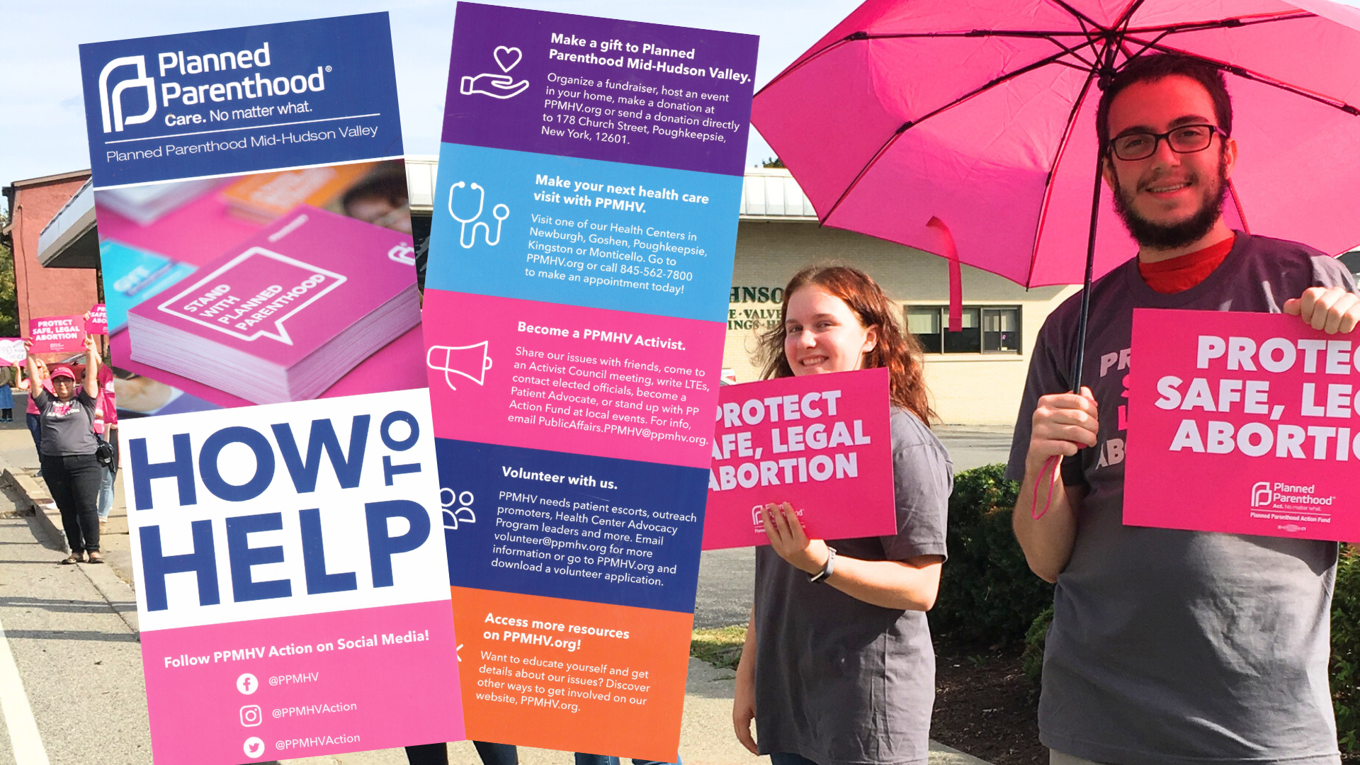 Front and back panels of a Planned Parenthood Mid-Hudson Valley rack card on the left side of the image. They share opportunities for people to get involved. Advocates rally in the background, signs reading "PROTECT SAFE AND LEGAL ABORTION"