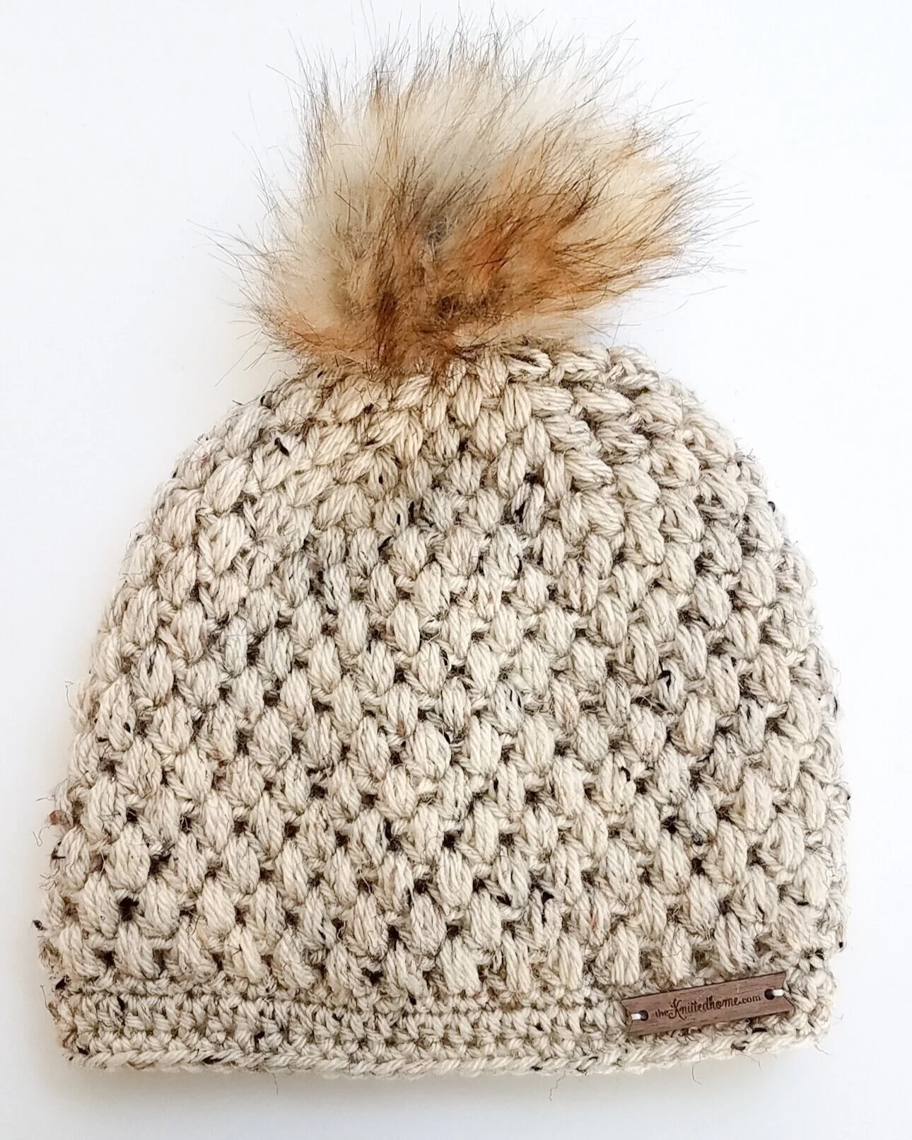 Knittedhome Oatmeal crochet puff stitch beanie with Squirrel colored faux fur snap-on pompom (Copy)