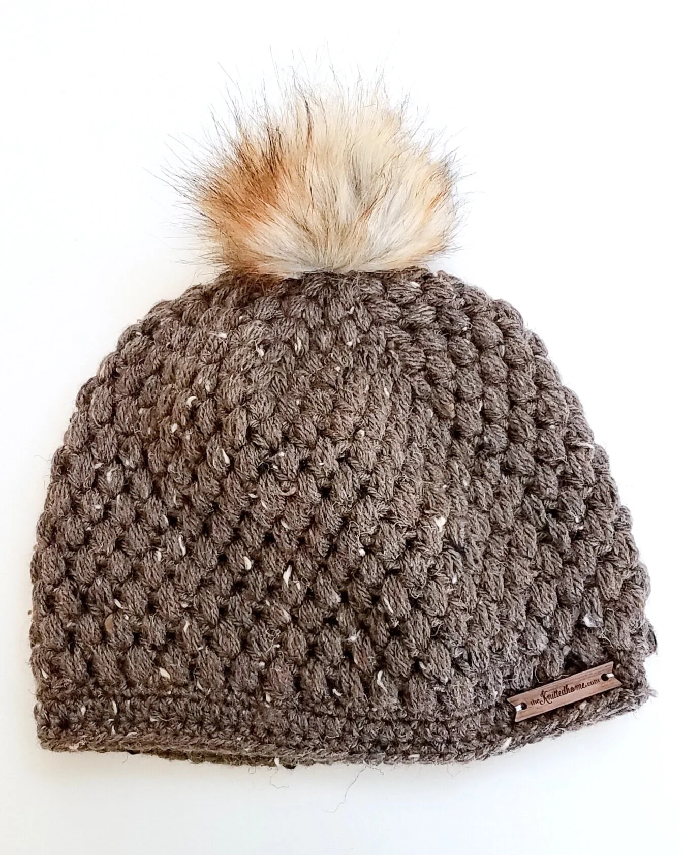 Knittedhome Barley crochet puff stitch beanie with Squirrel colored faux fur snap-on pompom (Copy)