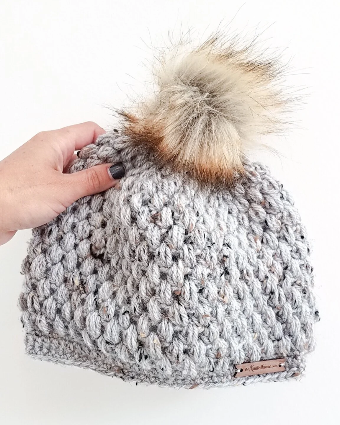 Grey Marble Puff Stitch Beanie with Snap-on Faux Fur Pompom