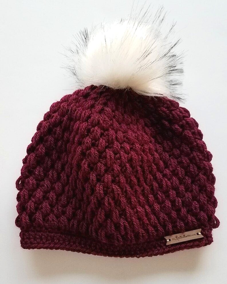 Burgundy Puff Stitch Beanie with Snap 