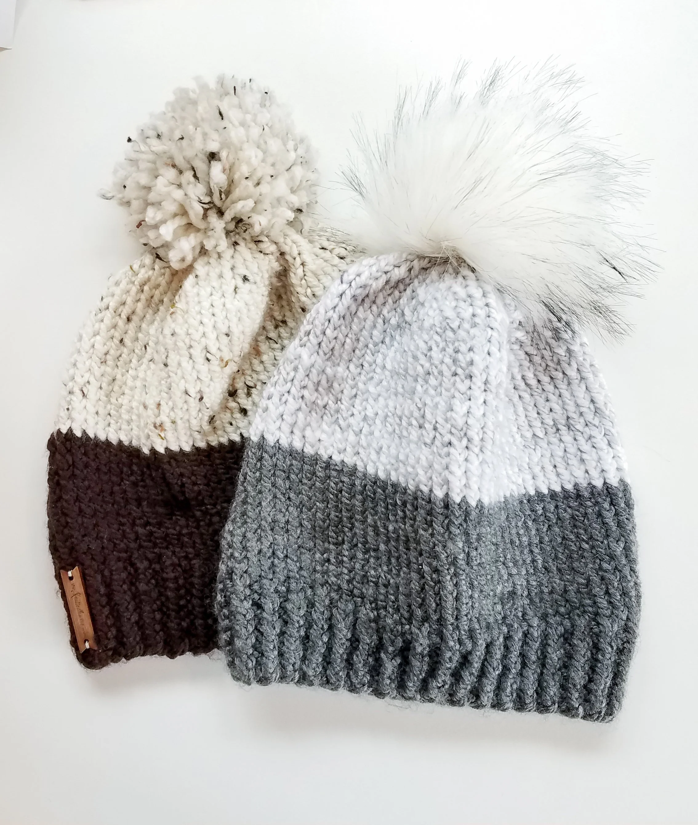Two-Tone Knit Beanie with Snap-on Faux Fur Pompom