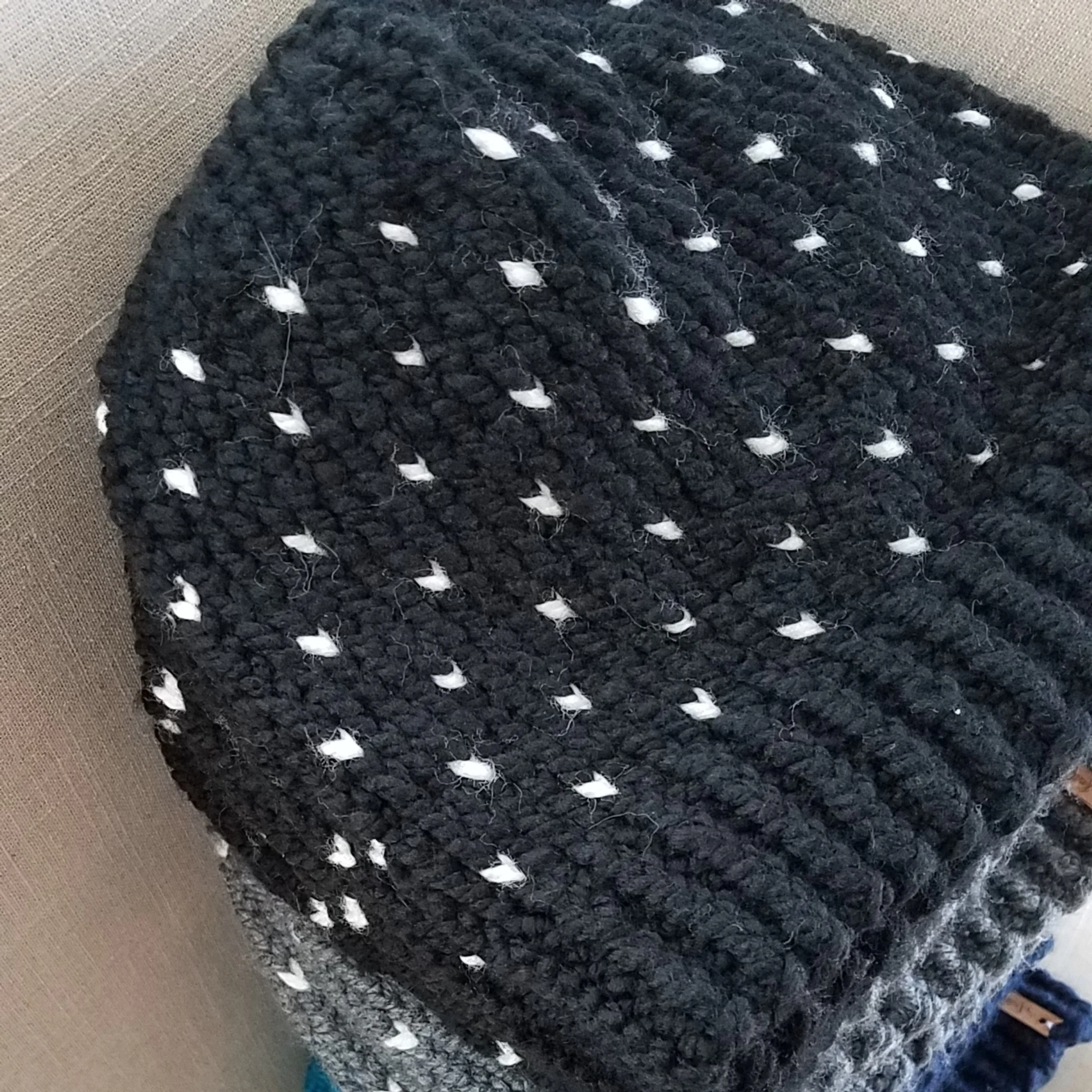Black Tiny Hearts Knit Beanie with Snap-on Faux Fur Pompom