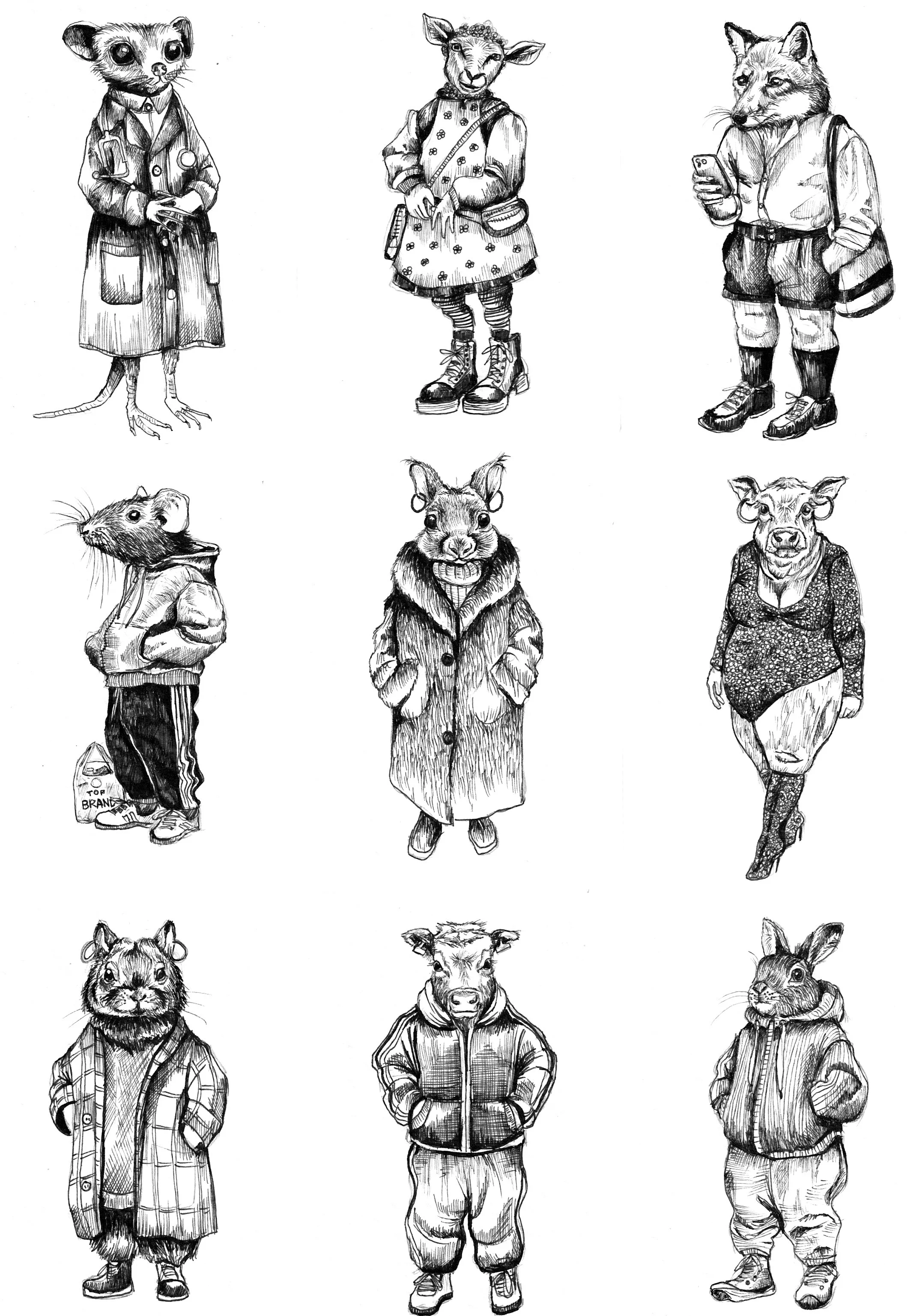 Nine animals dressed in human clothing arranged in three rows. Top row: a mouse in a lab coat, a goat in a dress, a lioness with a phone. Middle row: a hamster with a hoodie, a kangaroo with a coat, a pig in a dress. Bottom row: a cat with a coat, a 