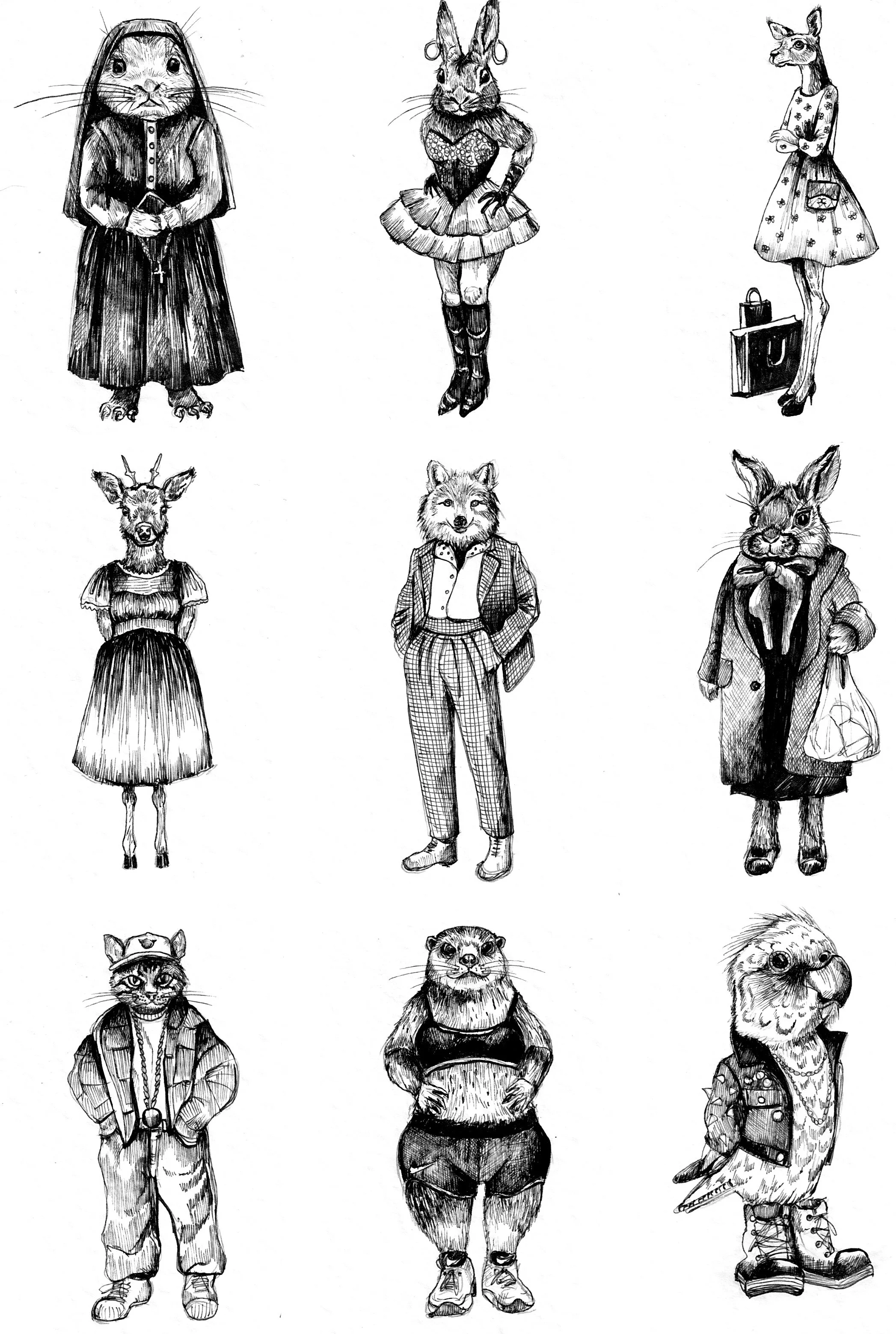 Black and white illustrations of animals dressed in human clothing, including a rabbit dressed as a businesswoman, a fox as a businessman, a deer as a lady, a wolf as a man, a rabbit as a woman, a rabbit as a woman, a cat as a rapper, a beaver as a w