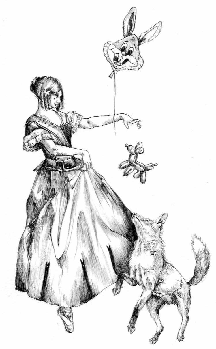 A detailed pencil sketch of a girl in a Victorian dress holding a balloon with a bunny's face, a balloon animal dog, and a real dog sitting beside her.