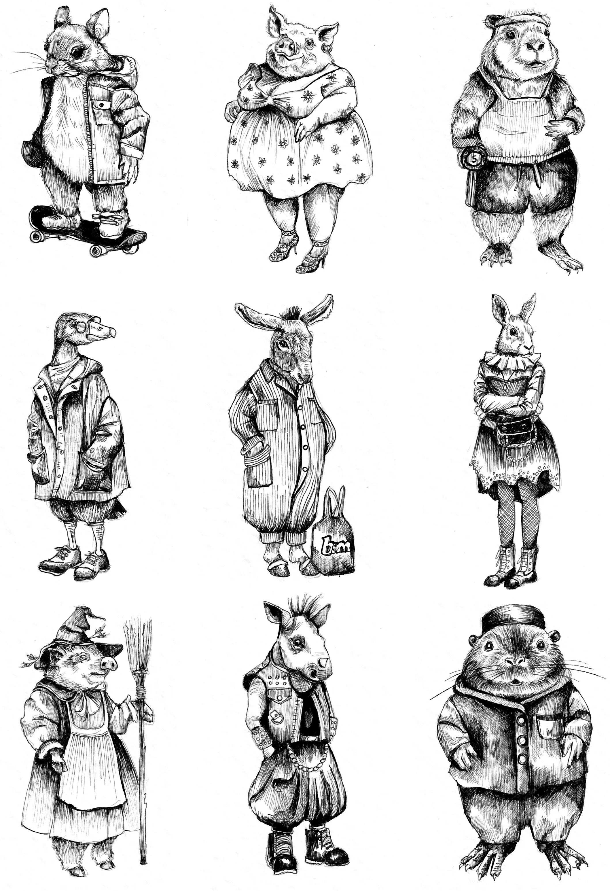 Collection of nine hand-drawn animals anthropomorphized in vintage clothing, depicted in black and white sketches.